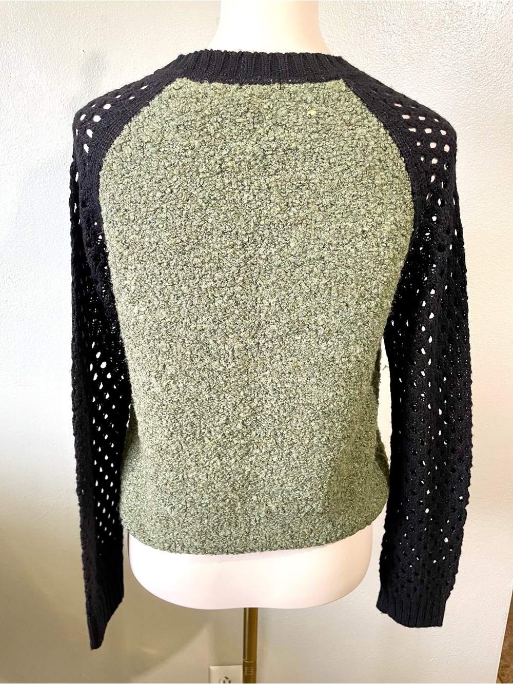 Lrg Lambswool Blend Sweater Olive Black Panda Patch Crochet Sleeve Small Skate View 5
